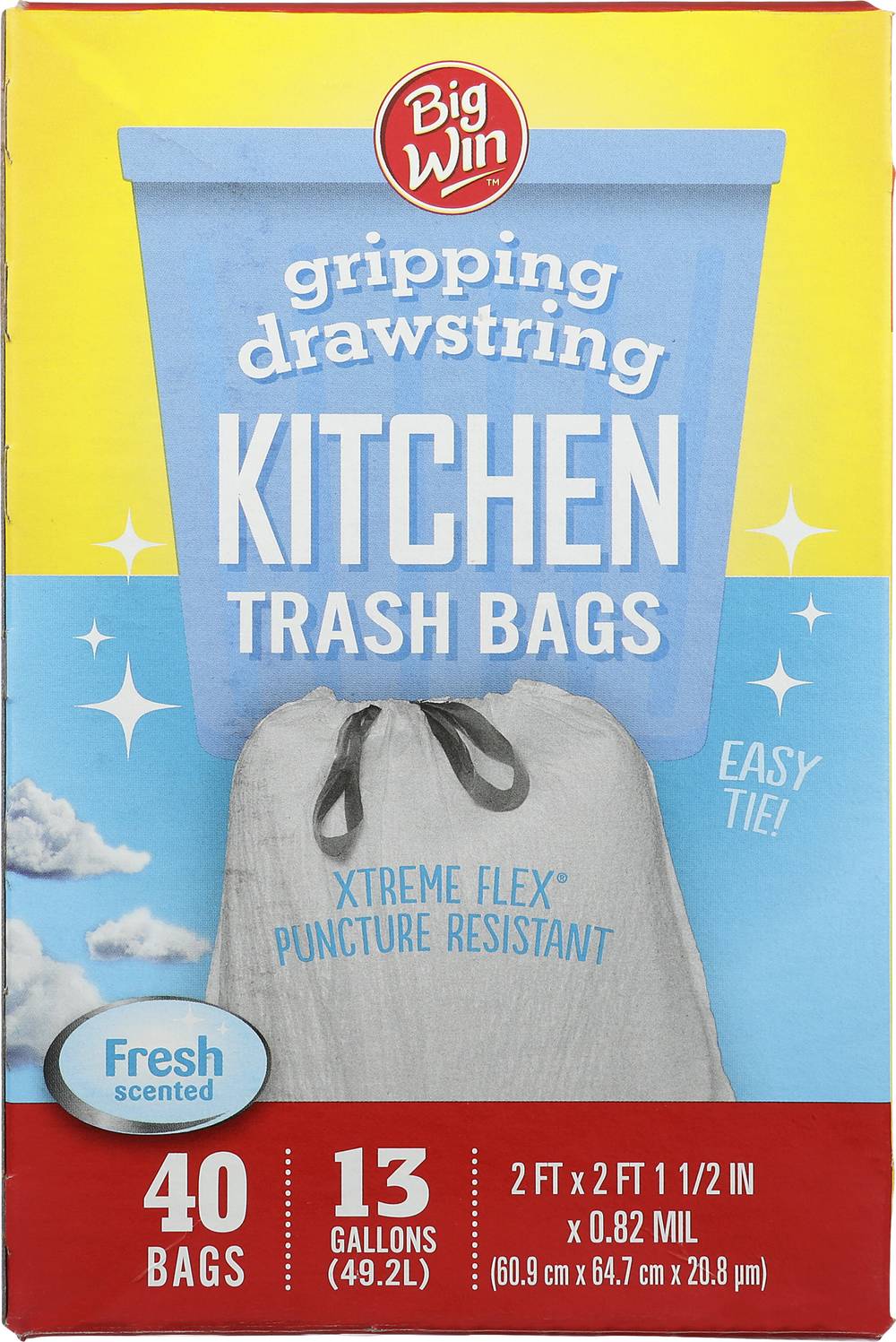 Big Win Gripping Drawstring Kitchen Trash Bags, Fresh, 60.9 cmX 64.7 cmX 20.8 μm (40 ct)