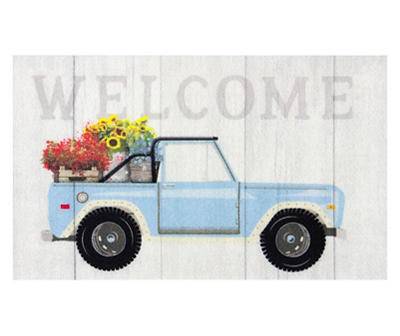 Welcome White & Blue Flower Truck Doormat