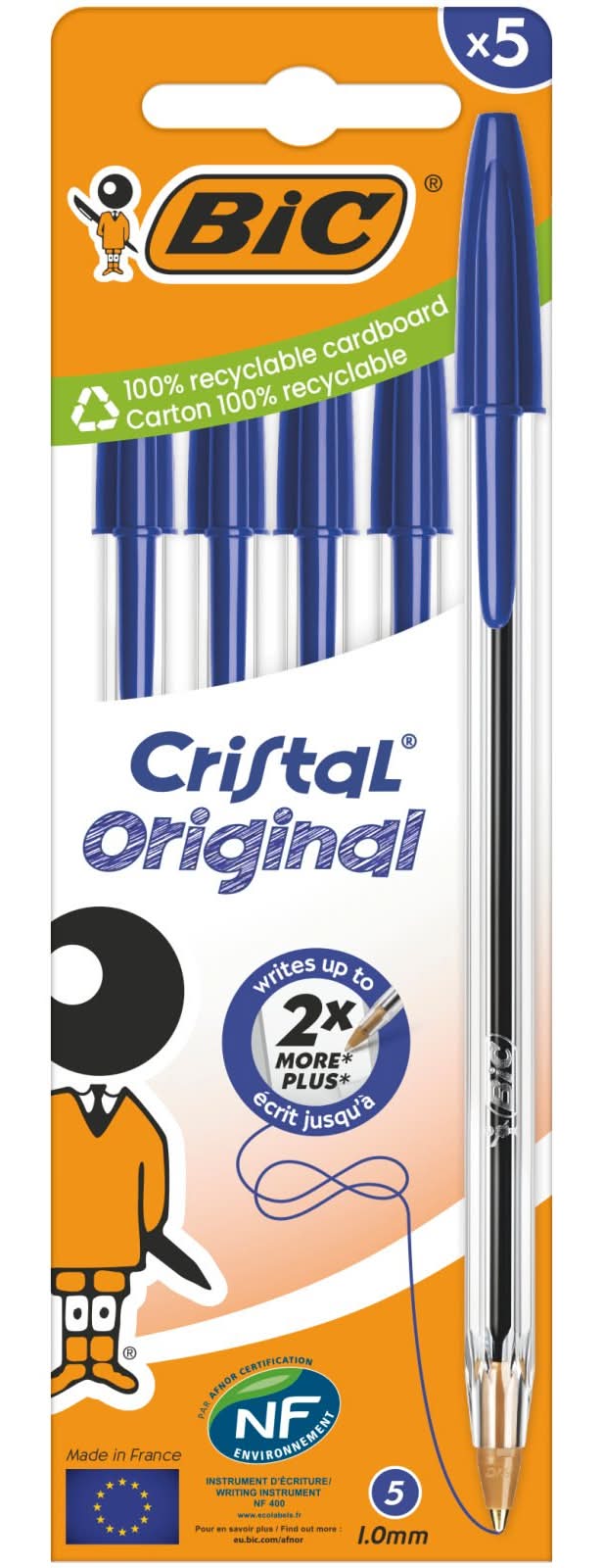 BiC - Cristal stylo à bille pointe moyenne 1.0 mm, bleu (5)