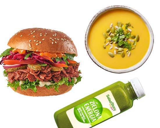 Zestaw Seitan Pastrami Vegan Burger z Zupą i Lemoniadą lub Sokiem