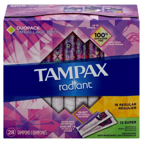 Tampax Radiant Regular/Super Unscented Tampons (28 ct)