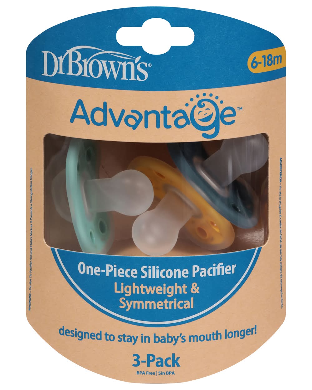 Dr Brown's Advantage One-Piece Silicone Pacifier, 6-18 m (3 ct)