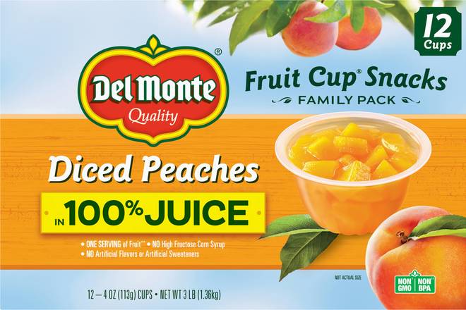 Del Monte Fruit Cup 100% Juice Diced Peaches Snacks (12 x 4 oz)