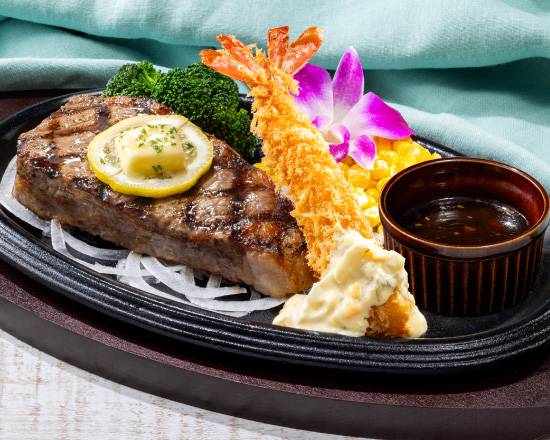 【単品】サーロインステーキ約200g＆海老フライ（炭焼香醤油ソース） Sirloin Steak about 200g & Fried Prawn (Soy sauce with charcoal-grilled aroma)