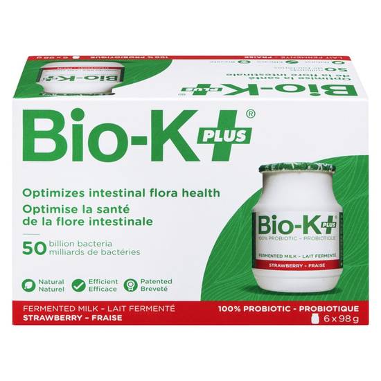Bio K+ · Strawberry fermented probiotic milk - Probiotiques de lait fermenté à saveur de fraise (6 x 98 g - 6x98 g)
