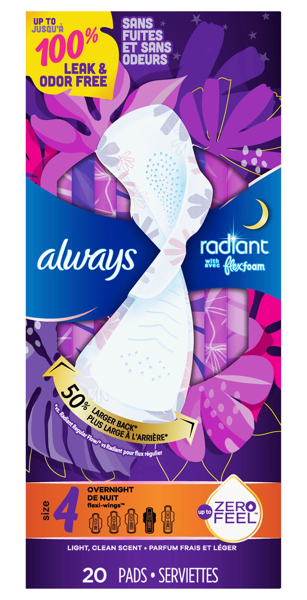 Always Radiant Flexfoam Overnight Absorbency Pads, Light-Clean, Women, 4 (20 ct)