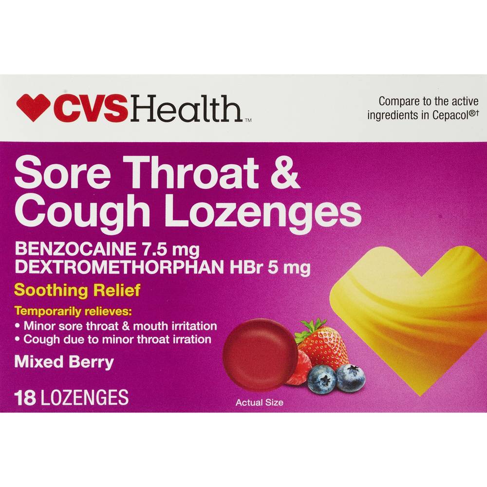 CVS Health Sore Throat & Cough Lozenges, Mixed Berry, 18 CT