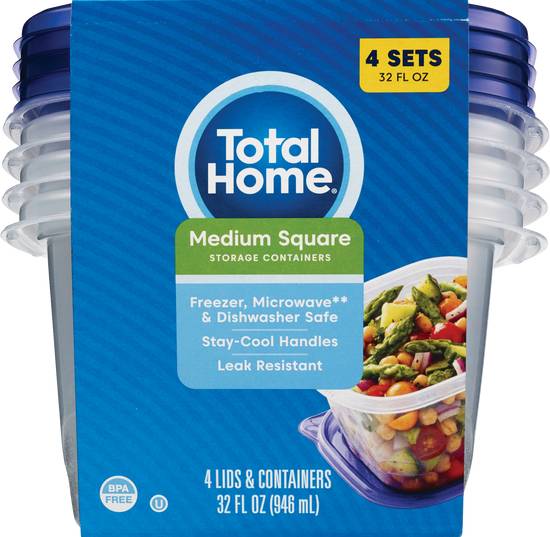 Total Home Medium Square Food Storage Containers, 32oz, 4CT