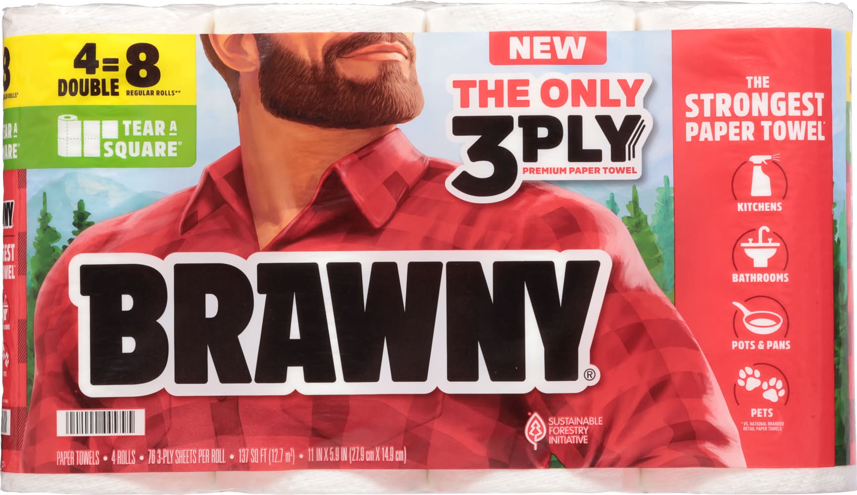 Brawny Tear-A-Square 3 Ply Paper Towel Rolls, 11x5.9 in (8 ct)