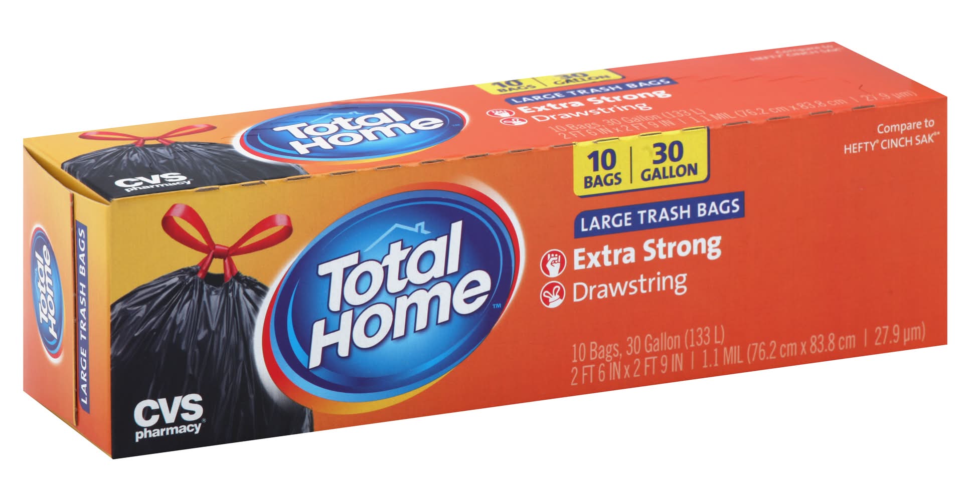 CVS Pharmacy Total Home Extra Strong Drawstring Trash Bags 30 Gal, L (10 ct)