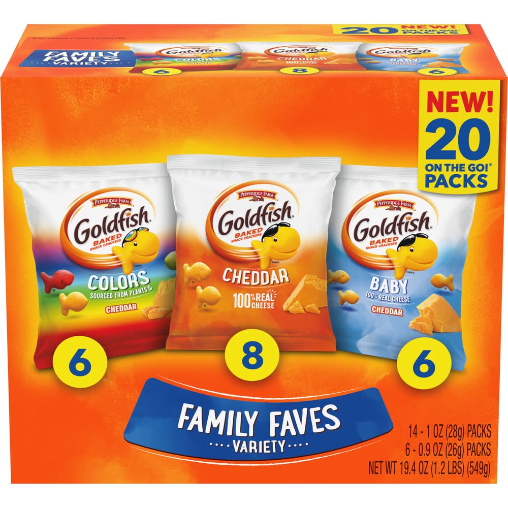 Goldfish Baked Snack Crackers Family Faves Variety pack, Cheddar-Colors-Baby (19.4 oz, 20 ct)
