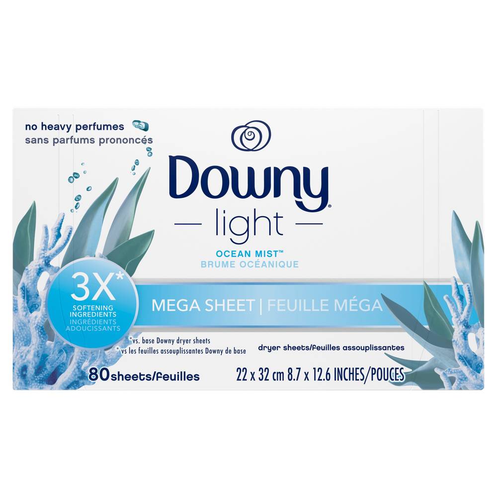 Downy Light Mega Dryer Sheets, Ocean Mist, 80 Count