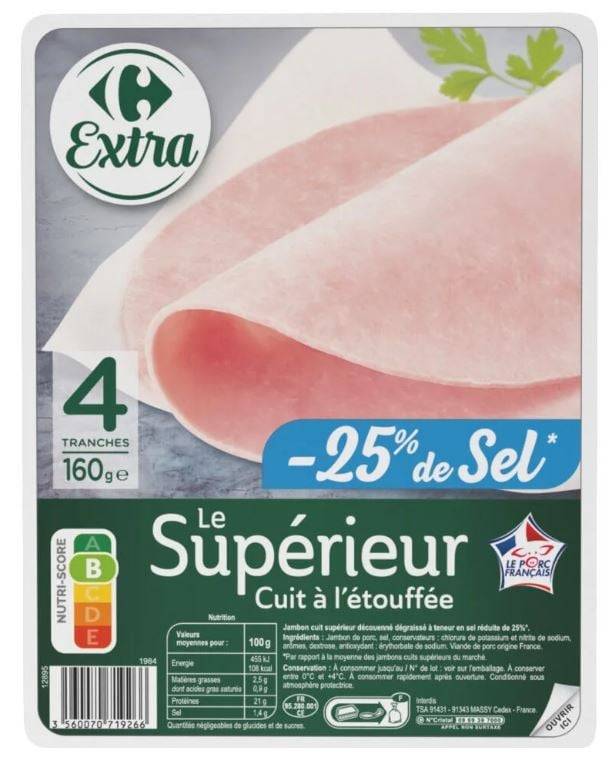Carrefour Extra - Jambon le supérieur -25% de sel (160g)