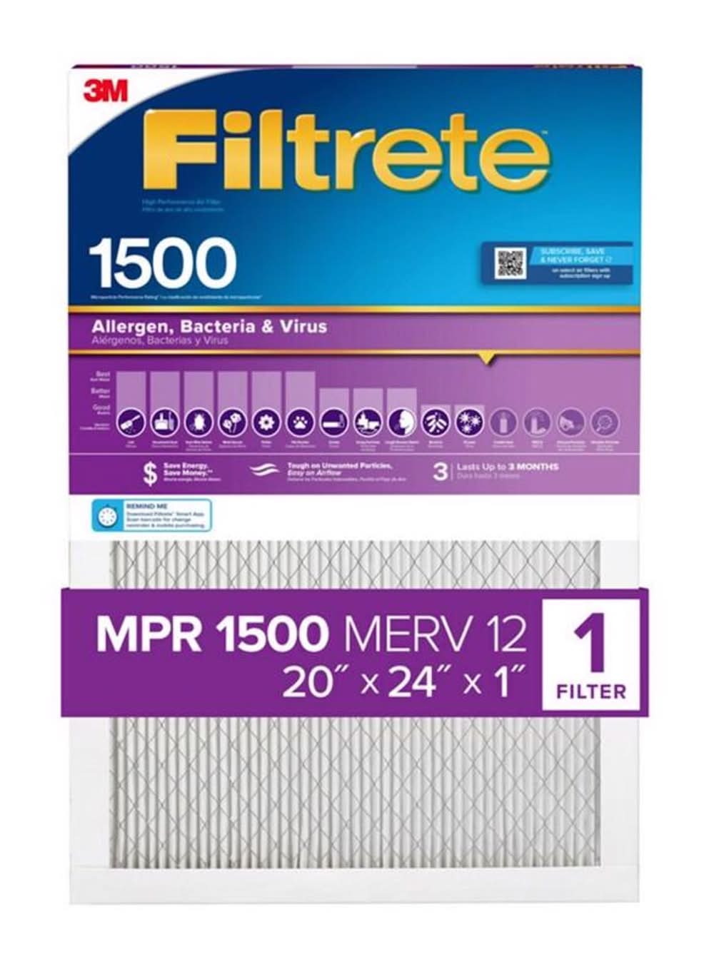 Filtrete 20 In. W X 24 In. H X 1 In. 1500 Mpr Pleated Air Filter 1 Pk