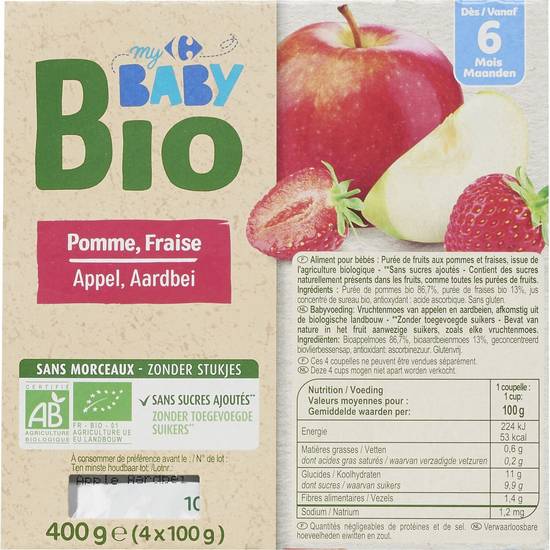 Carrefour - Desserts bébé bio pomme fraise dès 6 mois
