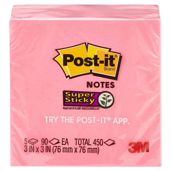 Post-It Super Sticky Notes 3" X 3", Neon Pink Pads