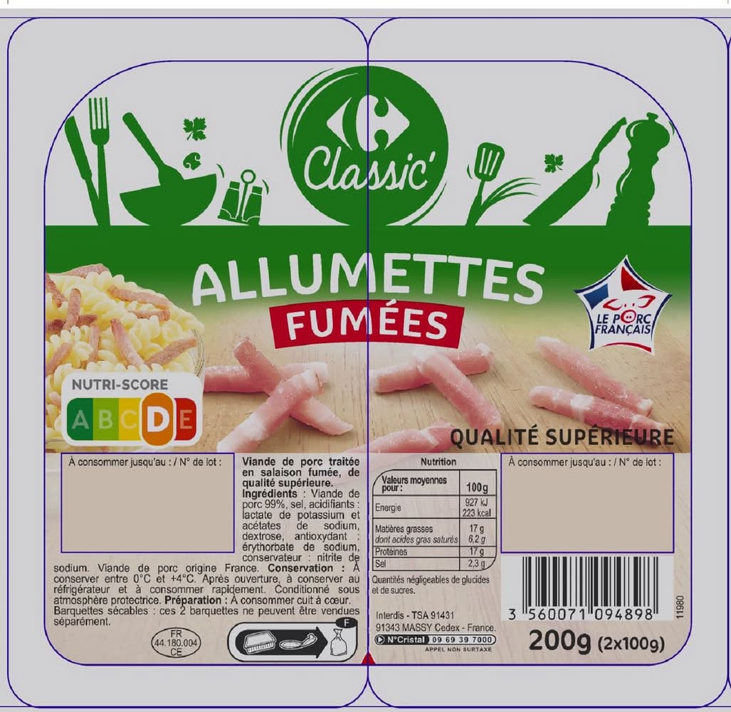 Carrefour Classic' - Allumettes fumées qualité supérieure (2 x 100g)
