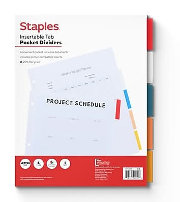 Staples Insertable Paper Dividers, 5-Tab, Customizable Binder Dividers for Office & School
