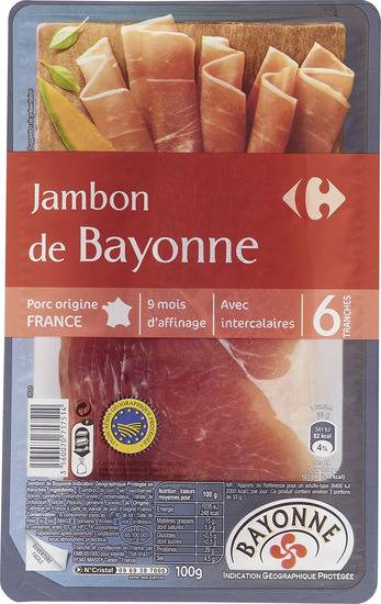 Jambon de Bayonne IGP CARREFOUR - la barquette de 6 tranches - 100g