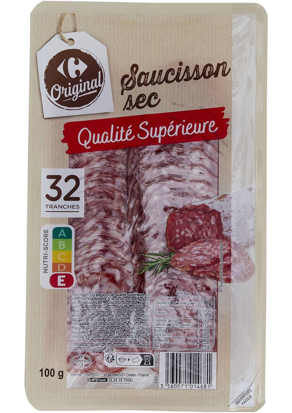 Carrefour Original - Saucisson sec pur porc (100g)