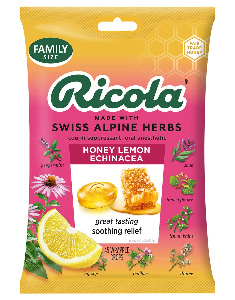 Ricola Cough Suppressant Throat Drops, Honey Lemon (1.6 oz, 45 ct)