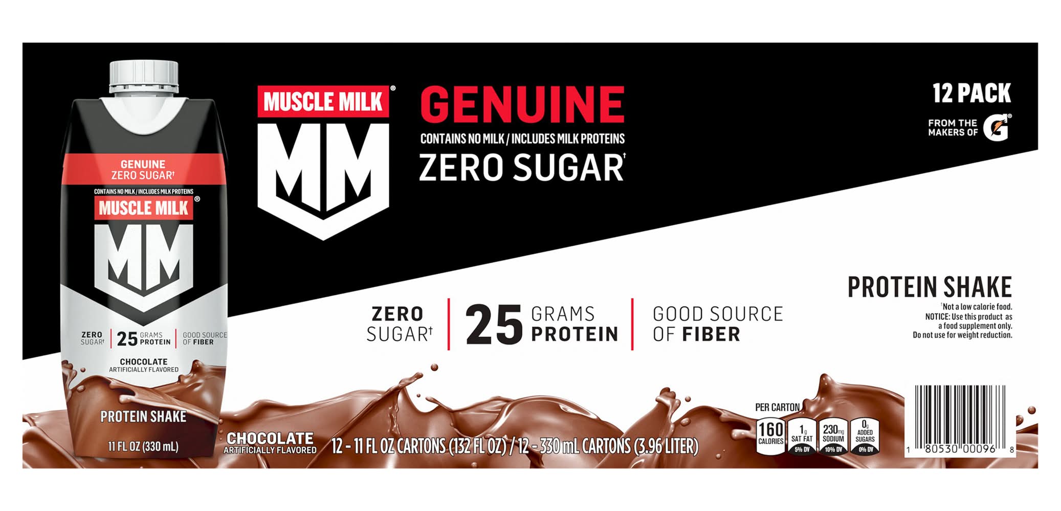 Muscle Milk Genuine Zero Sugar Protein Shake, Chocolate (12 x 11 fl oz)