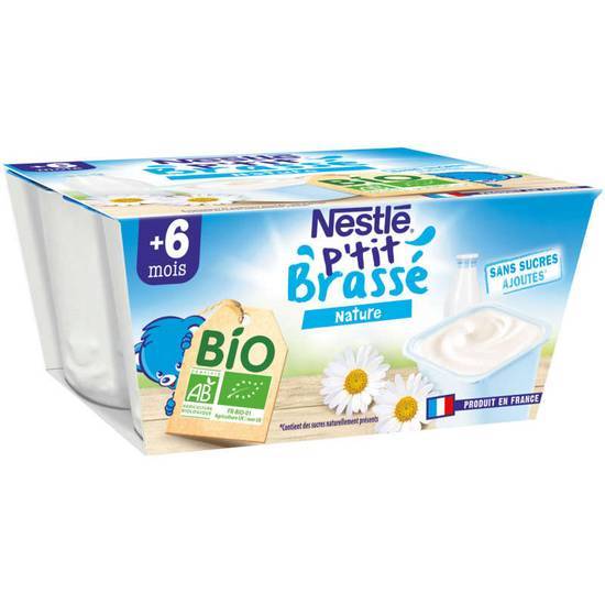 Nestle P'tit Brassé Bio - Dessert laitier nature - Coupelle - Dès 6 mois - Biologique 4x90g