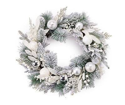 22" Ornament & Floral Snowy Wreath