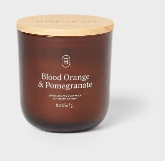 Threshold Amber Glass Wooden Wick Jar Candle, Blood Orange-Pomegranate (8 oz)