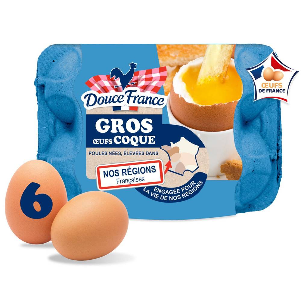 Œufs Coque Calibre Gros Datés du Jour de Ponte DOUCE FRANCE - La boîte de 6 œufs
