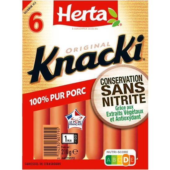 Herta knacki saucisses 100% pur porc sans nitrite x6 -210g