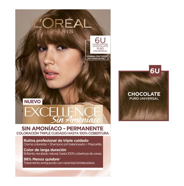 L'Oréal · Excellence tinte capilar permanente sin amoníaco, chocolate puro universal 6u