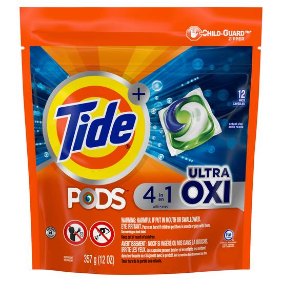 Tide PODS Liquid Laundry Detergent Soap Pacs, 4-n-1 Ultra Oxi, HE Compatible 12 Count, Built in Pre-treater for Stains