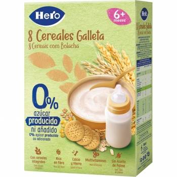 Papilla infantil desde 6 meses 8 cereales galleta Hero Baby sin azúcar añadido 340 g.