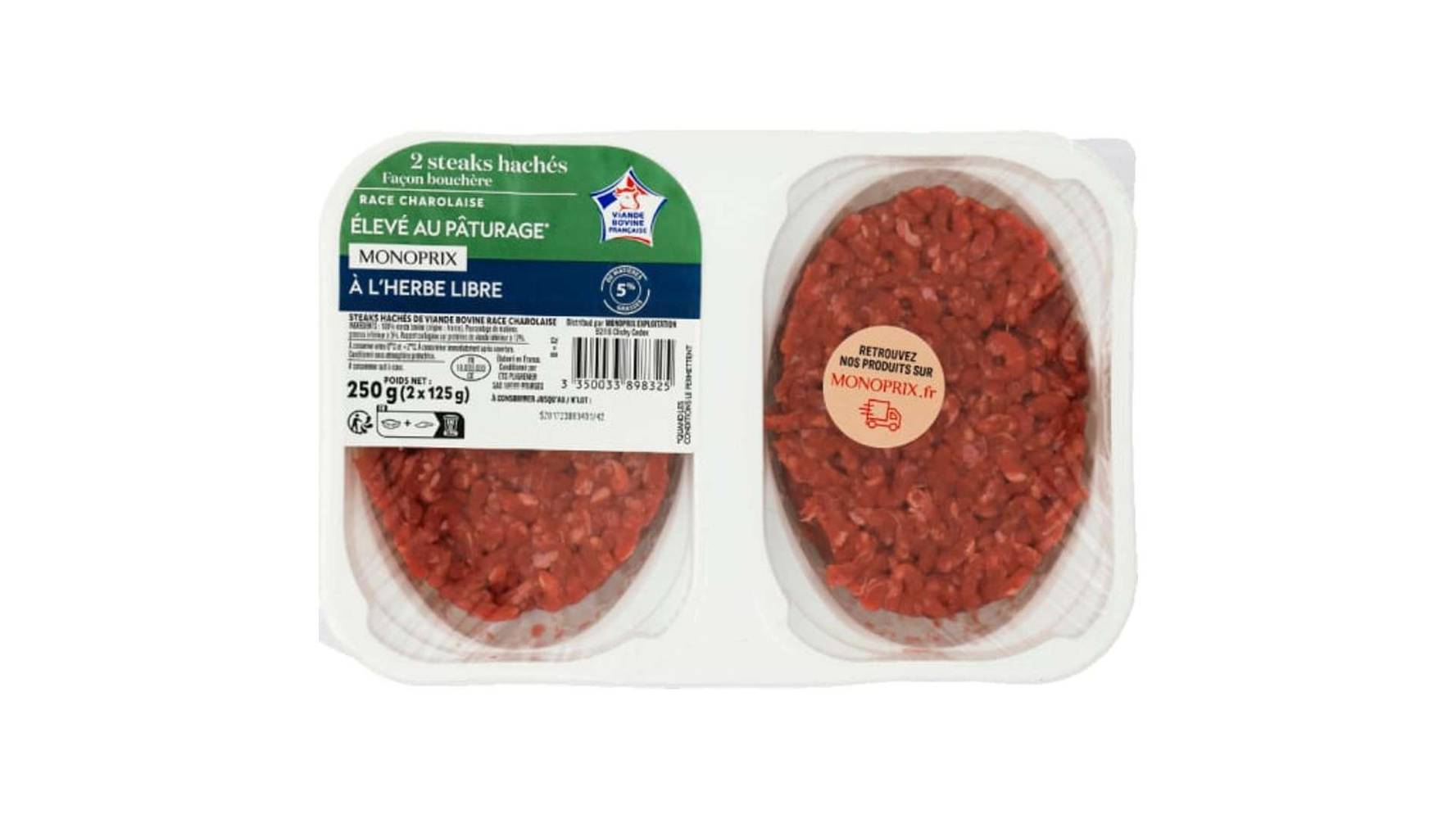 Monoprix Steak haché de boeuf facon bouchère 5% mat. gr. La barquette de 2, 250 g