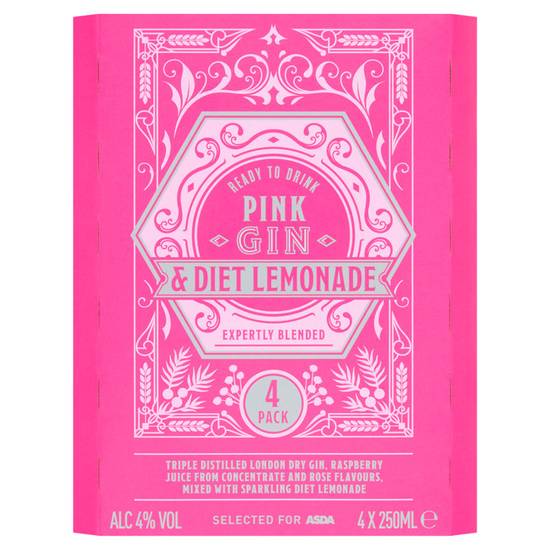 Asda Pink Gin and Diet Lemonade Ready To Drink 4x250ml