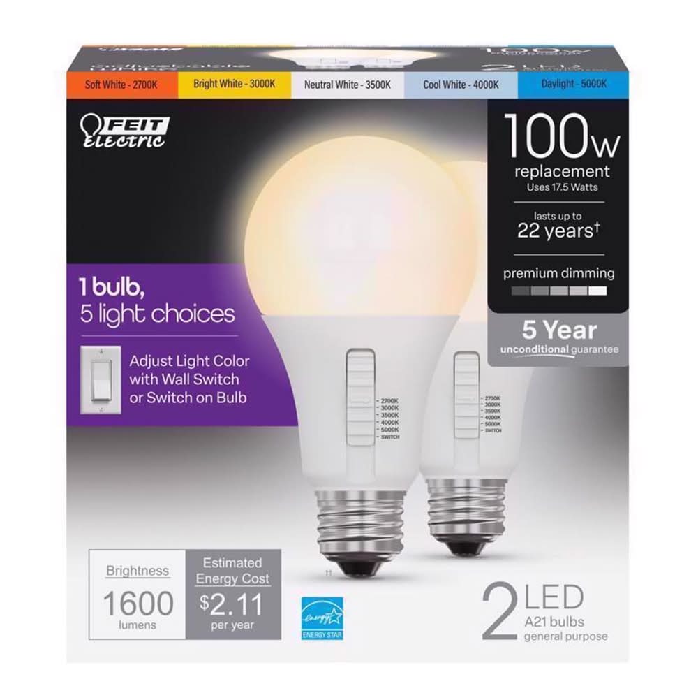 Feit Electric A21 E26 (Medium) Led Bulb Adjustable White 100 Watt Equivalence 2 Pk