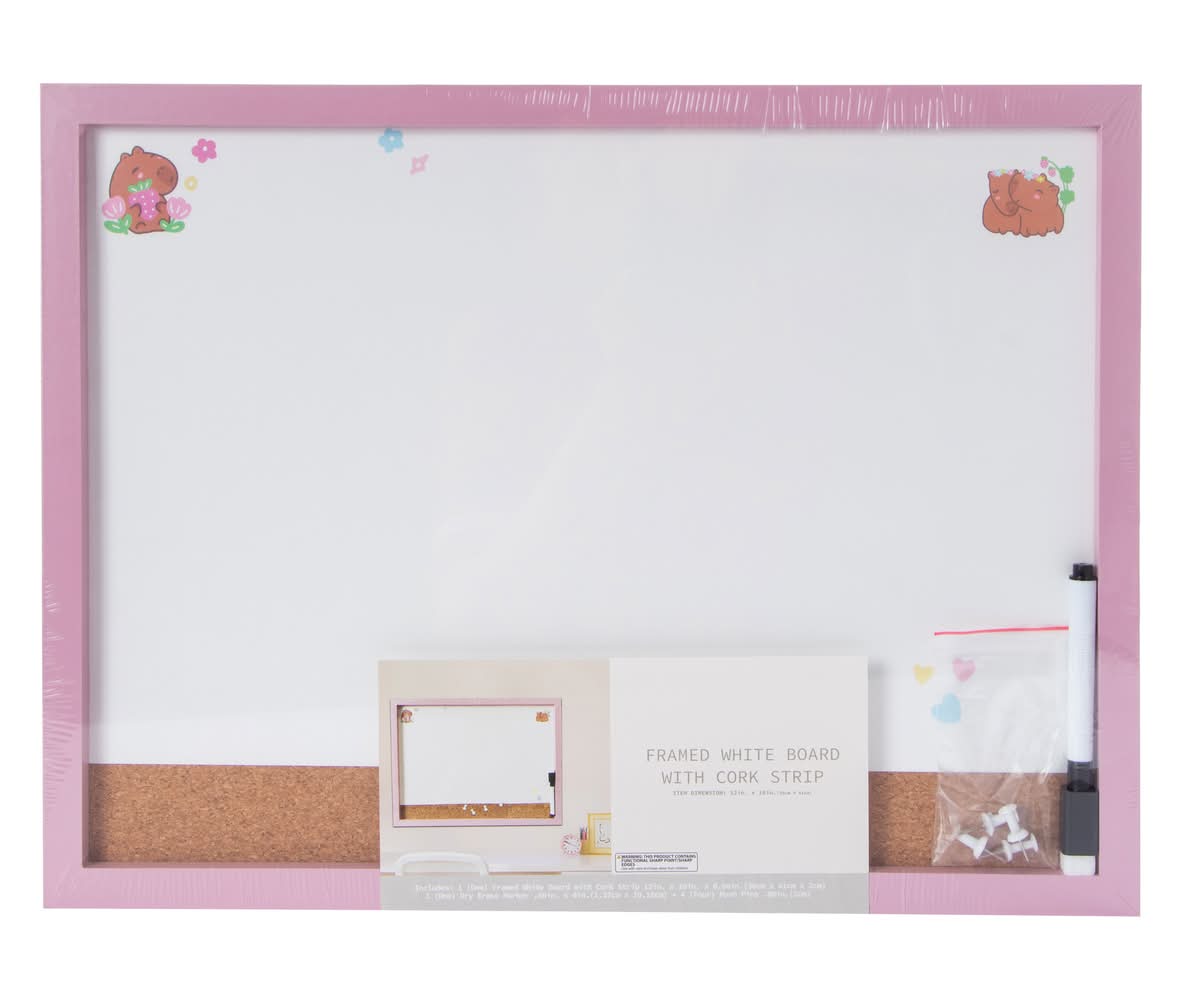 Framed White Board With Cork Strip 16in x 12in Pink