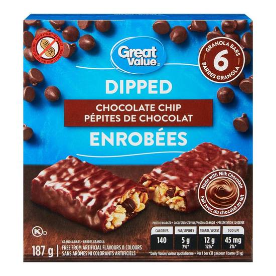 Great value barres granola brisures de chocolat enrobées great value (6 barres, 187 g) - dipped chocolate chip granola bars (6 units)