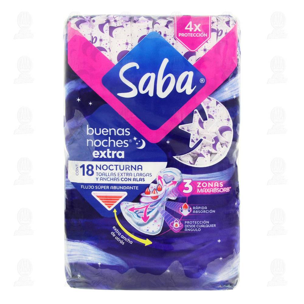 Saba · Toallas sanitarias buenas noches extra nocturna con alas (18 un)