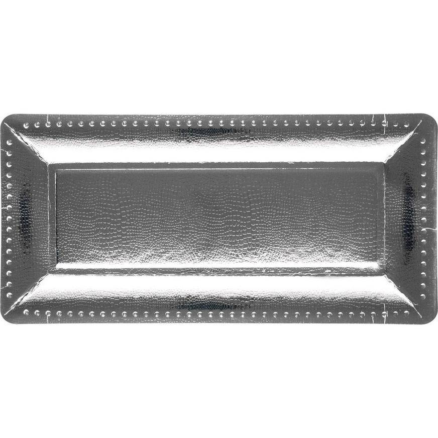 Metallic Silver Long Rectangular Paper Platters, 7.5in x 15 3/4in, 3ct