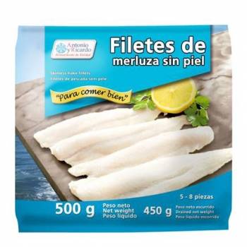 Filetes de merluza sin piel congelados Antonio y Ricardo 500 g.