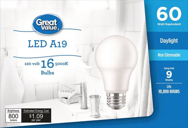 Great Value Led A19 Daylight Bulbs 60w (16 units)