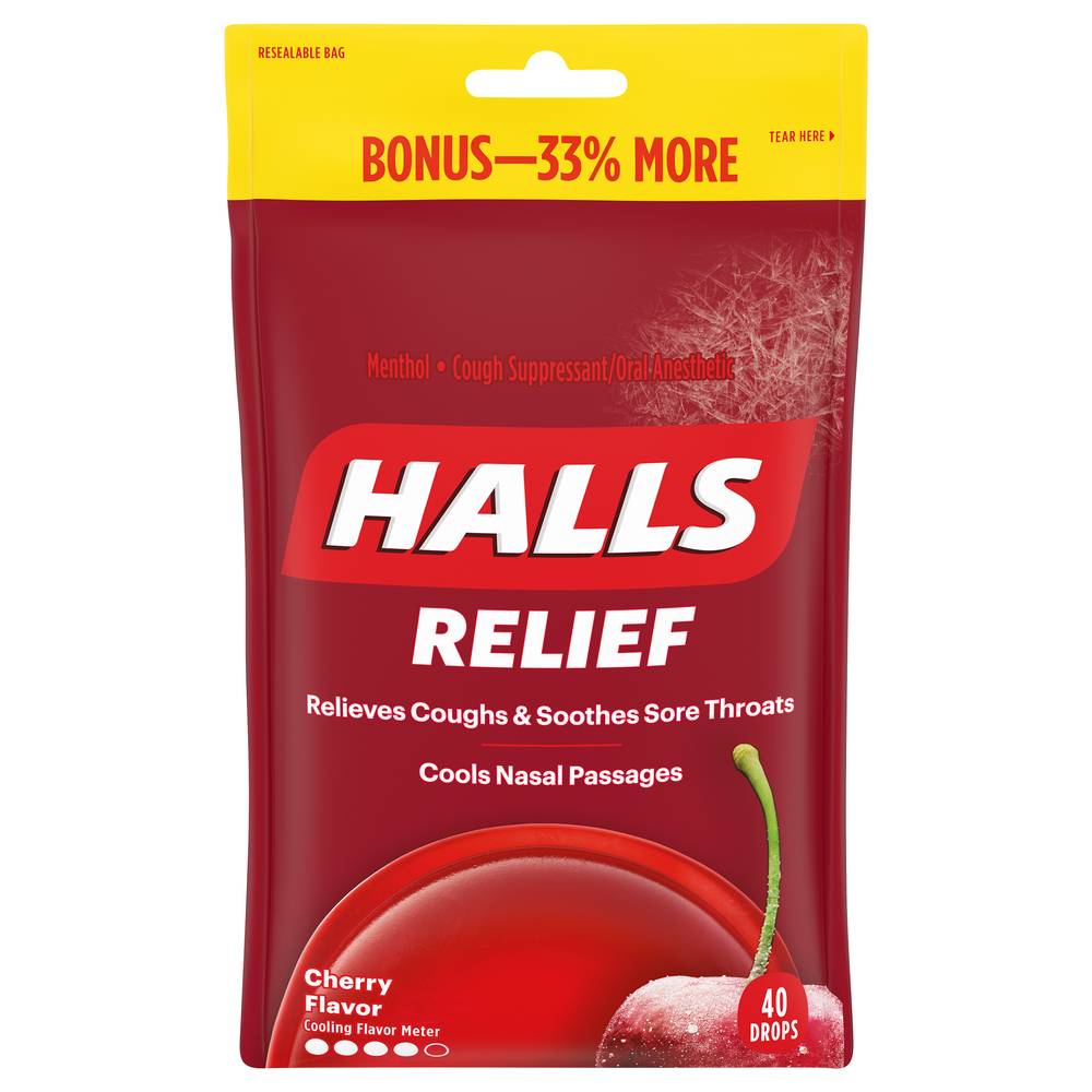 Halls Relief Menthol Cough Suppressant/Oral Anesthetic Drops Bag (40 ct) (cherry)