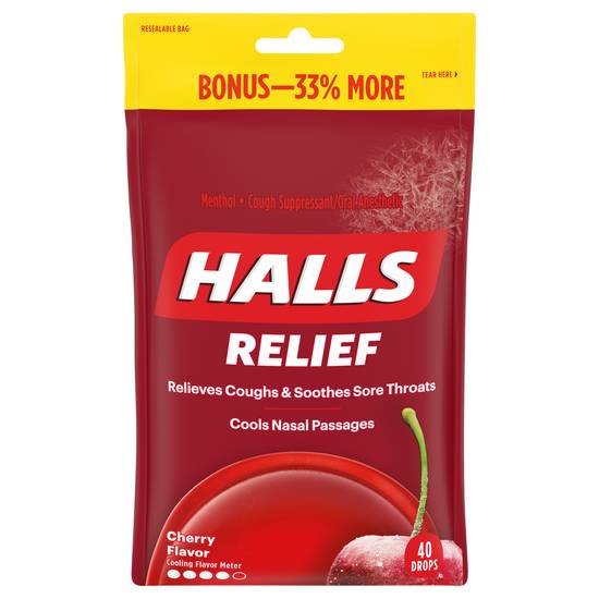 Halls Relief Menthol Cough Suppressant/Oral Anesthetic Drops Bag (cherry)