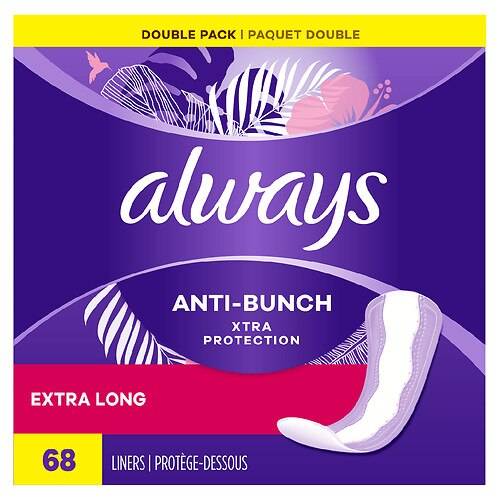 Always Anti-Bunch Xtra Protection Daily Liners Unscented, Extra Long Absorbency - 68.0 ea