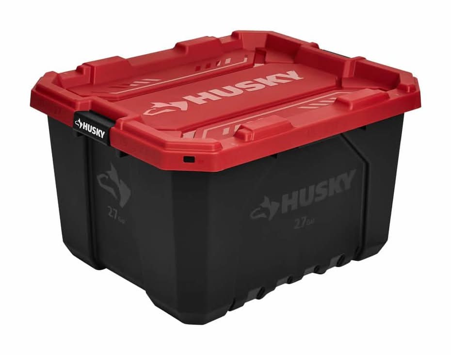 Husky 27 Gal. Pro Grip Storage Tote In Black With Red Lid