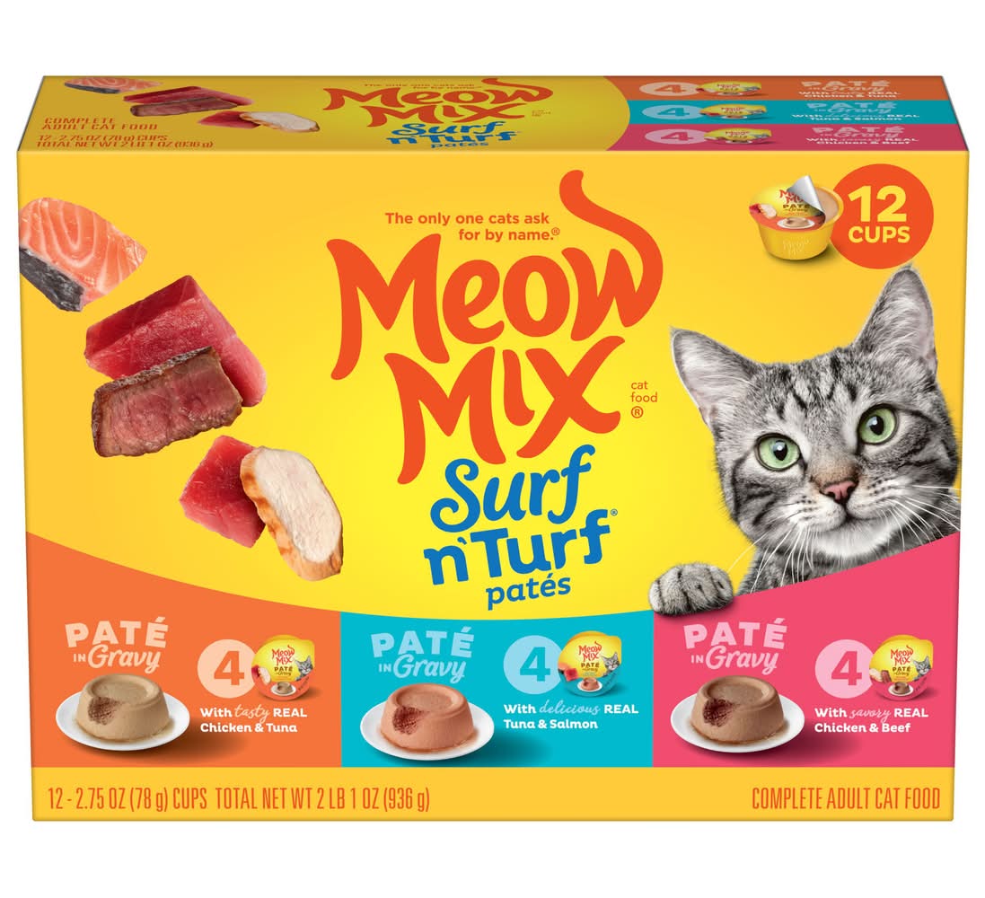 Meow Mix Gravy Wet Cat Food Variety Pack, Surf N’ Turf Patés, Chicken &Beef (2.75 oz, 12 ct)