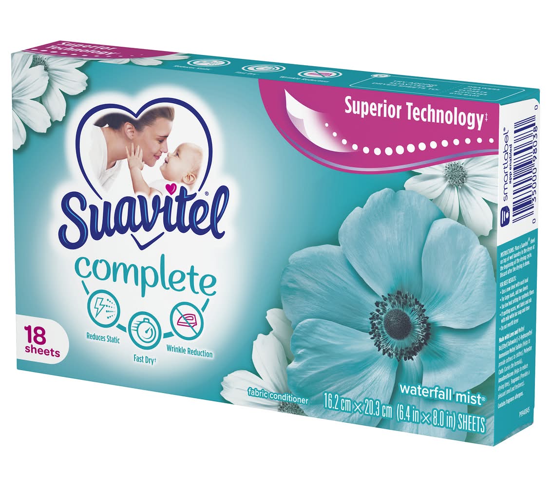 Suavitel Complete Fabric Softener Dryer Sheets Waterfall Mist, 6.4 in X 8.0 in (18 ct)