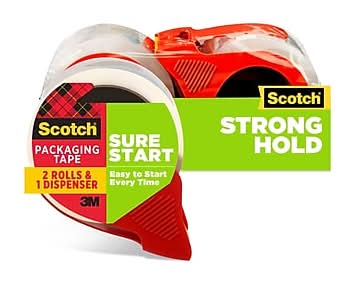 Scotch Sure Start Packing Tape with Dispenser, 1.88 x 38.2 yds., Clear, 2/Pack (3450S-2-1RD)